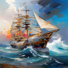 Seascape, ship on the high seas, storm, high waves. AI Generated