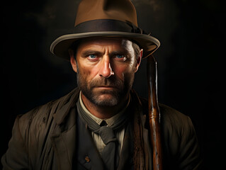 Portrait of a Bearded Old Cowboy Wearing a Hat against a Dark Background. Wild Western Man