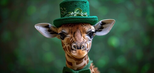 St. Patrick's Day Giraffe: A Leprechaun Hat and Green Clover Generative AI - obrazy, fototapety, plakaty