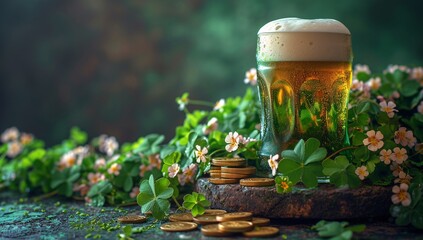 Naklejka premium St. Patrick's Day Celebration: A Glass of Beer with a Shamrock Decoration Generative AI