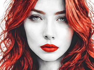 Obraz premium Close-up drawing of the face of a beautiful woman with red hair and red lipstick.