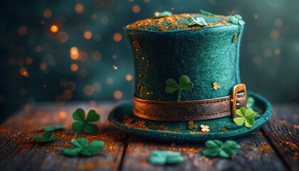 St. Patrick's Day Celebration: A Shamrock-Filled Hat with Gold Leaf Decorations Generative AI - obrazy, fototapety, plakaty