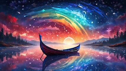 A boat peacefully floated on the surface of a serene body of water beneath a colorful sky adorned with countless twinkling stars. Fantasy Art
