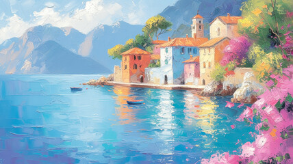 Vivid coastal village painting, drenched in sunlight with turquoise waters, blossoming flora, and historic architecture. - obrazy, fototapety, plakaty