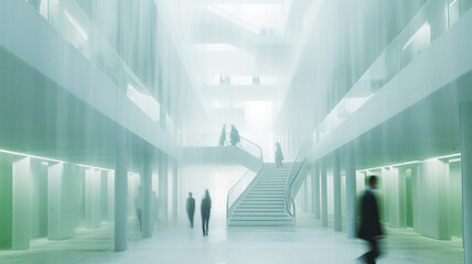 light blurred green background eco business center, office building inside interior, silhouettes of people blurred in motion