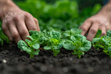 Naklejka na ściany i meble Hands of man planting lettuce seedlings in vegetable garden