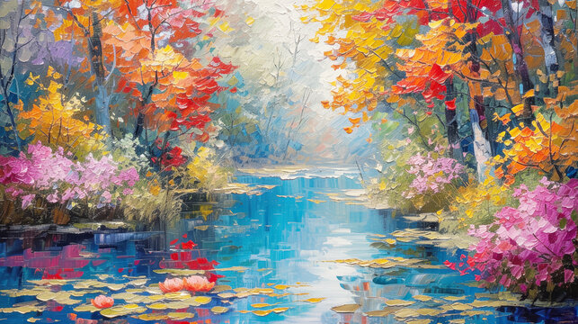 Autumn's vivid tapestry is masterfully depicted in this French landscape, where fiery foliage reflects in tranquil waters adorned with lily pads.