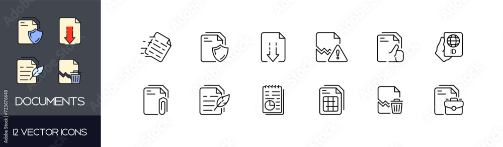 Poster documents icon set. linear style. vector icons