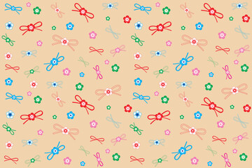 Illustration, pattern flower with ribbon on cream color background.