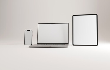 High end phone, tablet and laptop (silver) on white studio backdrop. Blank mockup template screen.