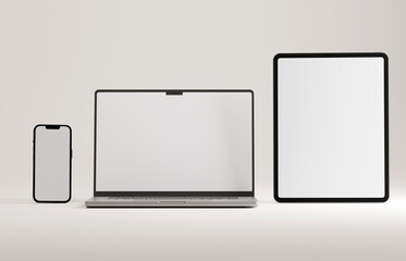 High end phone, tablet and laptop (silver) on white studio backdrop. Blank mockup template screen.