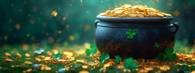St. Patrick's Day Gold Rush: A Leprechaun's Treasure Chest Filled with Golden Coins and Shamrocks Generative AI - obrazy, fototapety, plakaty