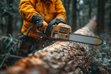 Lumberjack sawing a tree trunk with a chainsaw - obrazy, fototapety, plakaty