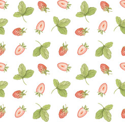 Watercolor strawberry seamless pattern. Botanical background with red berries fruits. For printing paper, wallpaper, covers, scrapbooking, textiles.
