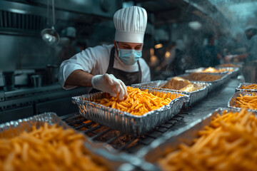 Male chef in protective face mask arranging French fries in foil container at restaurant kitchen