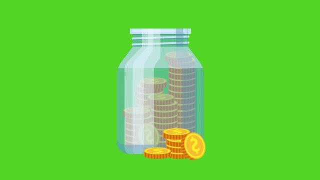 2D animation of stacks of a gold coin with doller sign in jaar on green screen. Concept of increasing in sales, profit and saving. Animated icons available. Used in business videos. Alpha channel. 4K.