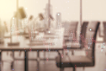 Multi exposure of virtual abstract financial graph interface on a modern furnished classroom...