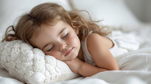 Sleeping girl embracing her white big soft pillow, surrounded by white bedding