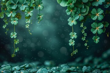 Shamrock Season: A Rainy Nighttime Shot of Clover Leaves Generative AI