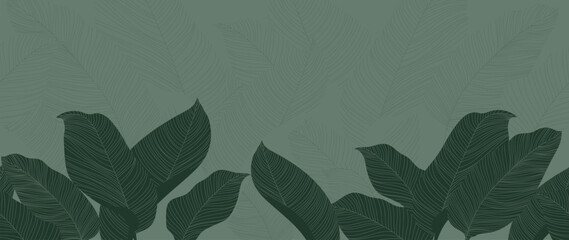 Abstract foliage botanical background vector. Green wallpaper of tropical plants, leaf branches, leaves, line art. Foliage design for banner, prints, decor, wall art, decoration. - obrazy, fototapety, plakaty