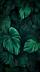 Various green tropical leaves on a black background. exotic tropical wall with green palms. Bali style. Vertical