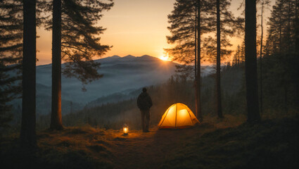 hiker camping in tent in the forest at sunset - obrazy, fototapety, plakaty