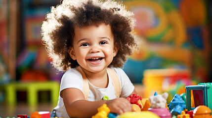 Cute little African American girl with curly hair sits surrounded by toys.