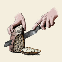 Hands cutting artisan and fresh bread.