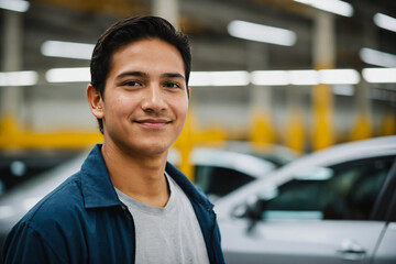 happy smiling young male mexican or latino automotive worker trainee walking sideways and looking at camera while waiting in car production plant of vehicle manufacturer