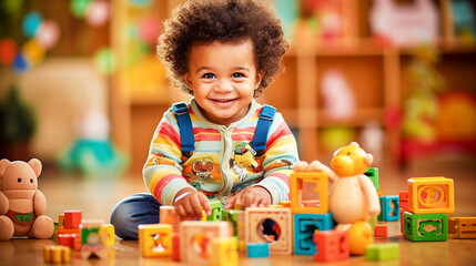 Cute little child African American boy with curly hair sits on the floor surrounded by toys. - obrazy, fototapety, plakaty