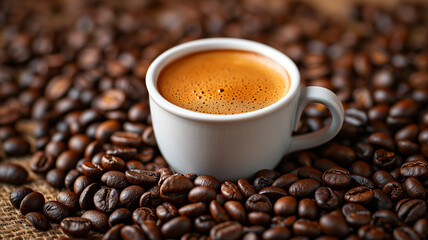 The side view of a coffee cup and coffee beans on a dark background