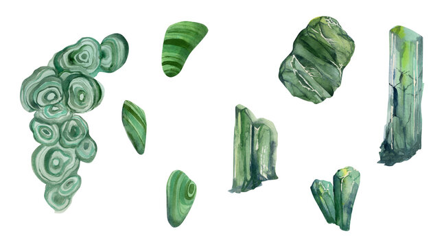 Hand drawn watercolor illustration precious semiprecious jewel gem crystal chakra birth stone. Malachite emerald green. Set of objects isolated on white background. Design print, shop, jewelry fashion