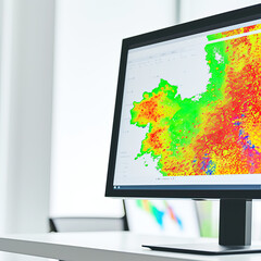 Heat map and geographical data visualization on computer screen. Light and bright office space