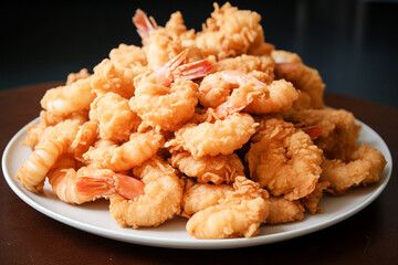 A white plate piled high with golden, crispy fried shrimp. - obrazy, fototapety, plakaty