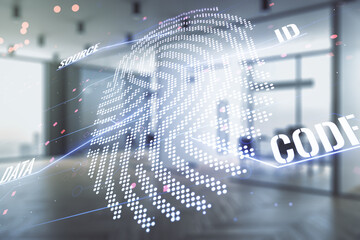 Abstract virtual fingerprint hologram on a modern furnished office background. Multiexposure