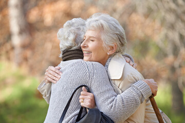 Nature, smile and senior friends hugging for support, bonding or care in outdoor park or garden....