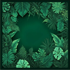 Various green tropical leaves on a black background. exotic tropical wall with green palms. Bali style. Square frame