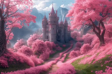 Pink Castle in the Sky: A Dreamy Pink Castle in the Sky Generative AI