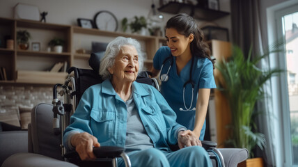 Caregiver happily assisting an elderly person in their own home - obrazy, fototapety, plakaty