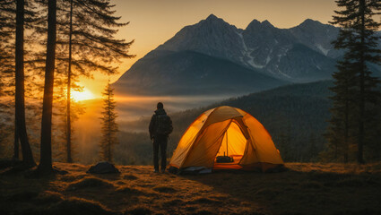 hiker camping in tent in the forest at sunset
