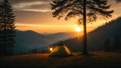 hiker camping in tent in the forest at sunset - obrazy, fototapety, plakaty