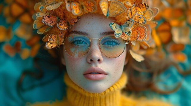 Yellow Sweater and Glasses: A Flower-Crowned, Glasses-Wearing, and Sunglasses-Wearing Woman Generative AI