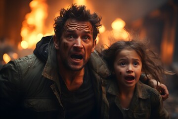 Father hugging daughter and running while trying to evacuate from city war zone
