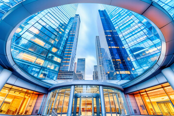 City Architecture Business Modern Skyscrapers Urban Downtown Buildings Office, Blue Cityscape Facade Tower Glass Tall Exterior Sky Window Futuristic