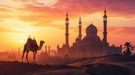 Fototapeten Magnificent mosque in the desert with warm sunset light and a camel resting nearby, beautiful orange sky © boxstock production