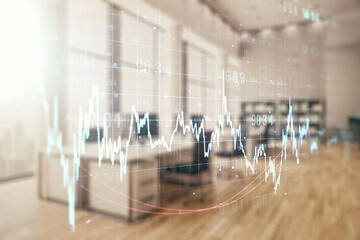 Abstract virtual financial graph hologram on a modern furnished classroom background, financial and trading concept. Multiexposure