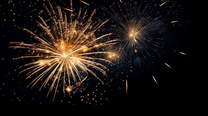 Golden fireworks isolated layer on black background, night festive view abstract