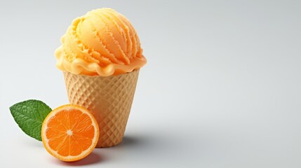 Citrus clementine ice cream in a waffle cup. Food photography. Delicious sweet ice cream with Citrus clementine in a waffle cup. Minimalism. Food photography. Horizontal format - obrazy, fototapety, plakaty