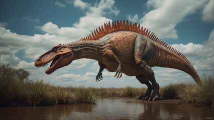 Spinosaurus in the mud dry water field searching foods