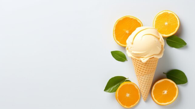 Citrus clementina fruit ice cream in a waffle cup isolated on white background. Food photography. Delicious sweet ice cream with Citrus clementine in a waffle cup. Minimalism. Horizontal format